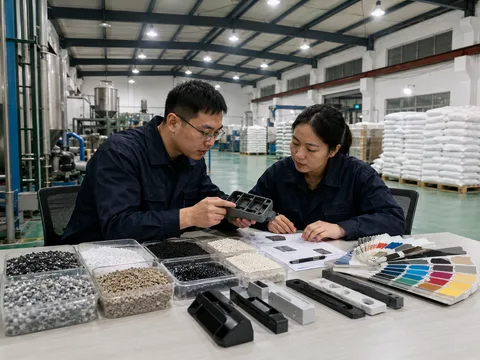 Engineers review plastic part requirements with pellet samples and color swatches