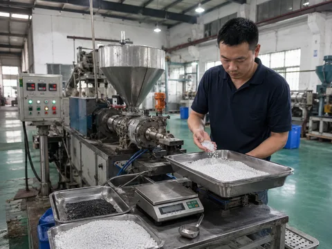 Sample trial production of modified plastic pellets beside extrusion equipment