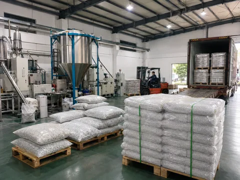Finished modified plastic pellets packed for factory delivery and logistics