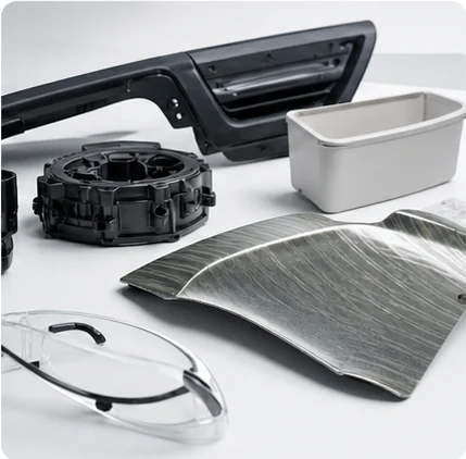 Automotive, aircraft-style, industrial and daily-use plastic components arranged for application review