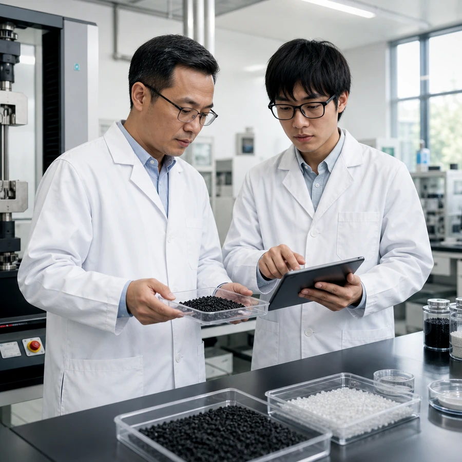DEYU polymer R&D experts in lab coats reviewing modified plastic pellet samples in a testing laboratory