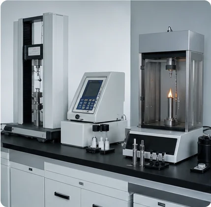 Material testing laboratory with mechanical, resistance and flame-retardant test equipment