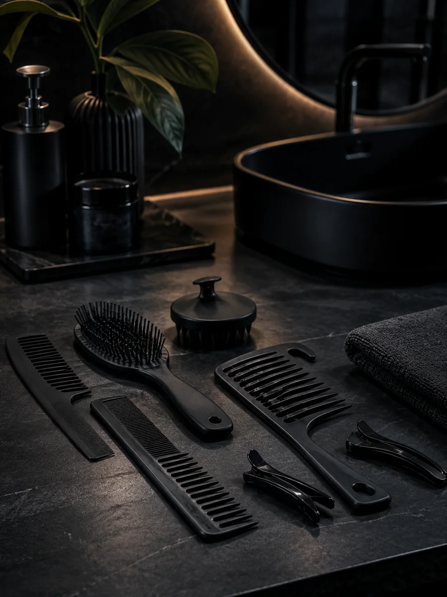 Daily-use black plastic combs, clips and grooming product parts