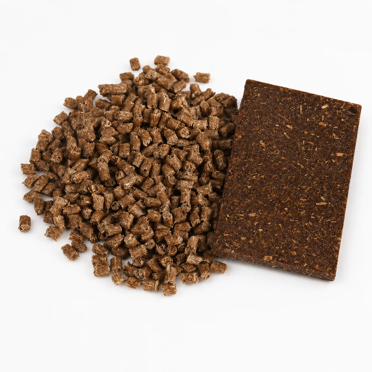 Wheat straw composite PP masterbatch brown pellets and molded sample