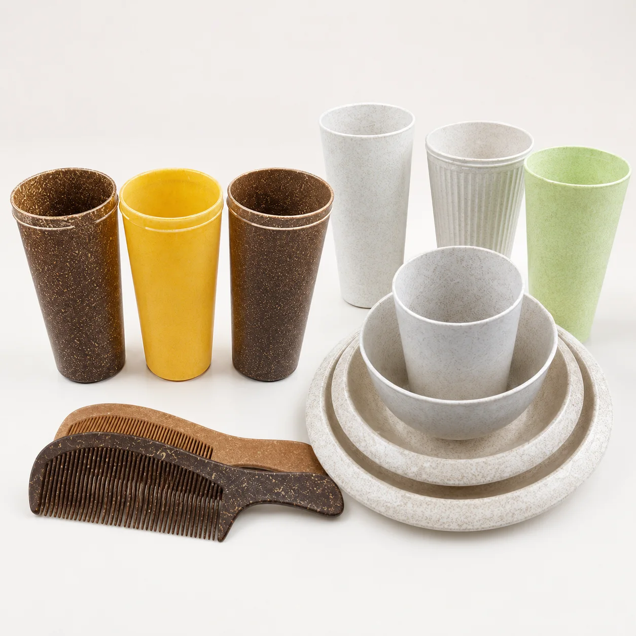 Wheat straw PP blended tableware cups bowls plates and comb applications