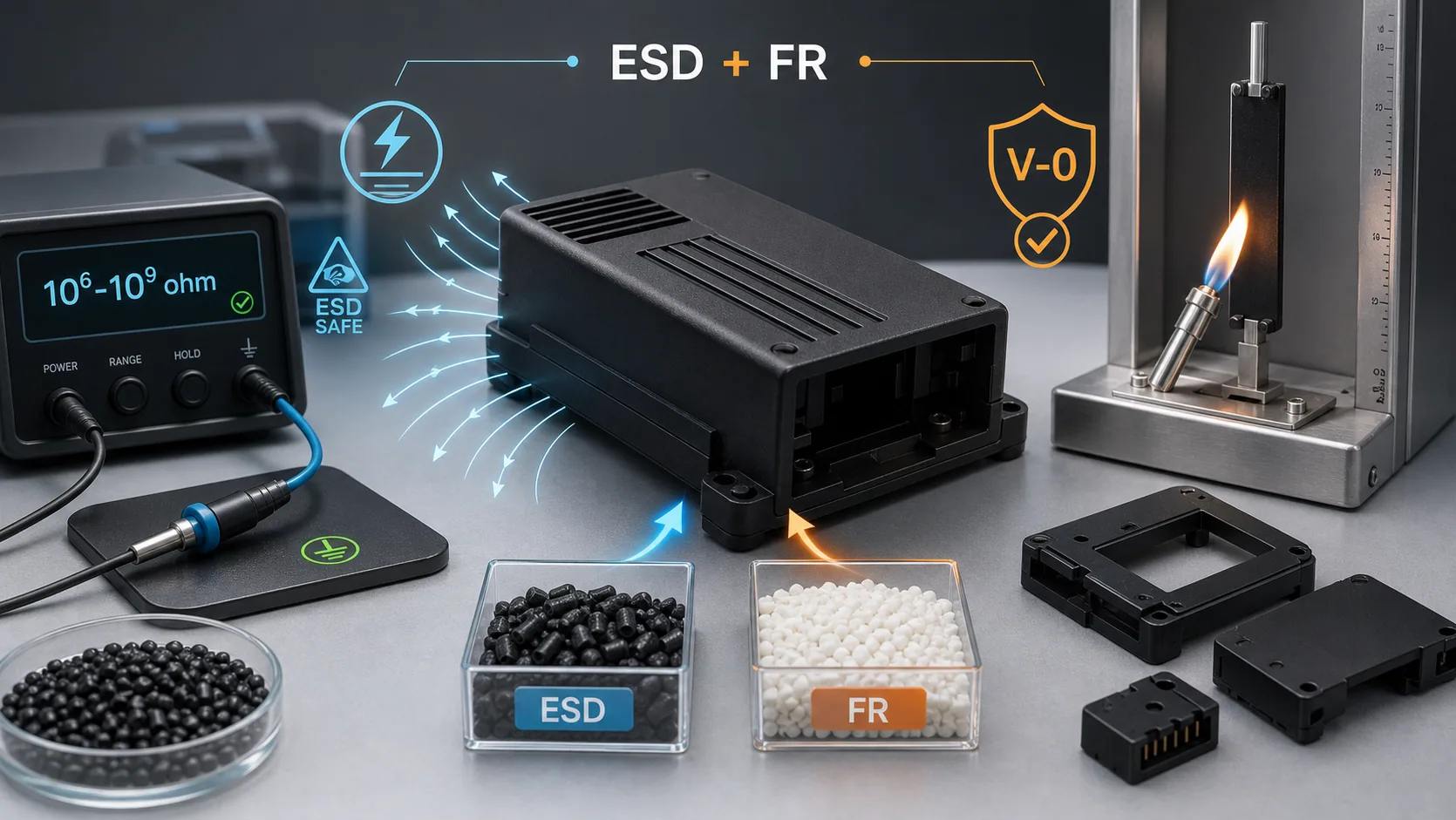 ESD and flame-retardant plastic cover showing a resistance meter, V-0 flame test, molded electronic housing and ESD FR additive routes