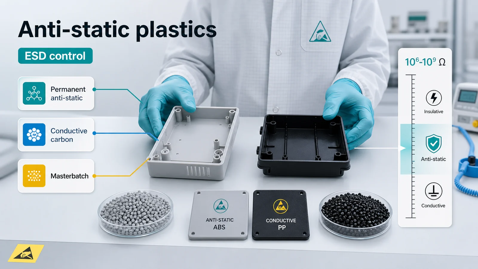 Laboratory selection matrix for anti-static plastics showing ESD control, resistance ranges, colored samples and molded parts