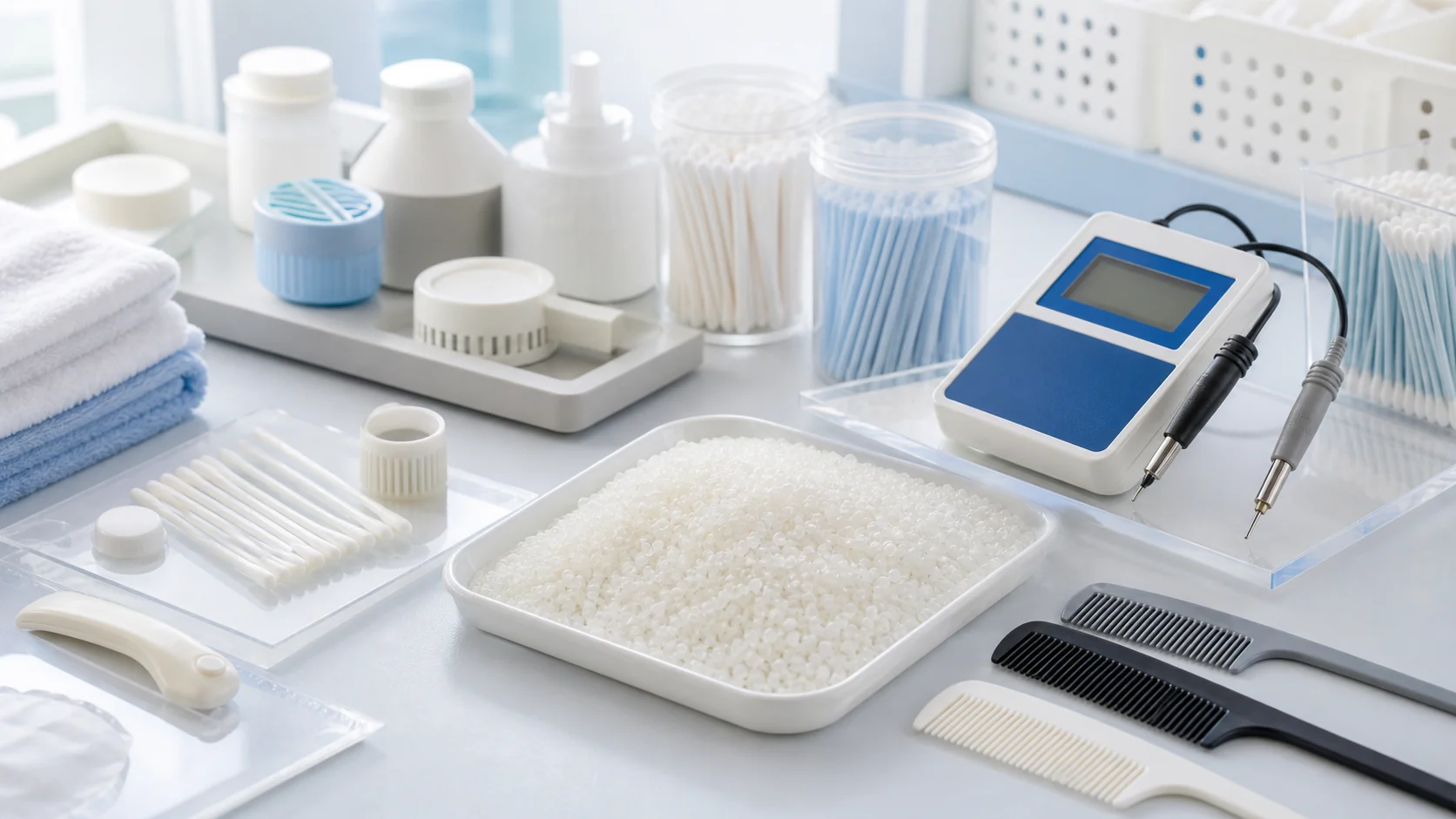 Anti-static polypropylene pellets with cotton swab sticks combs household plastic parts and surface resistance meter on a clean packaging bench