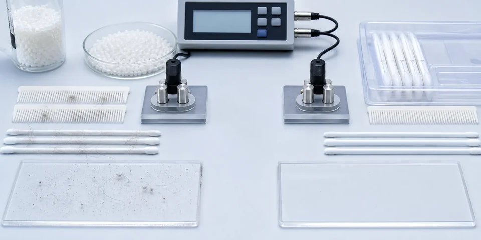Anti-static PP validation setup comparing dusty ordinary polypropylene swab and comb samples with cleaner static-control PP samples