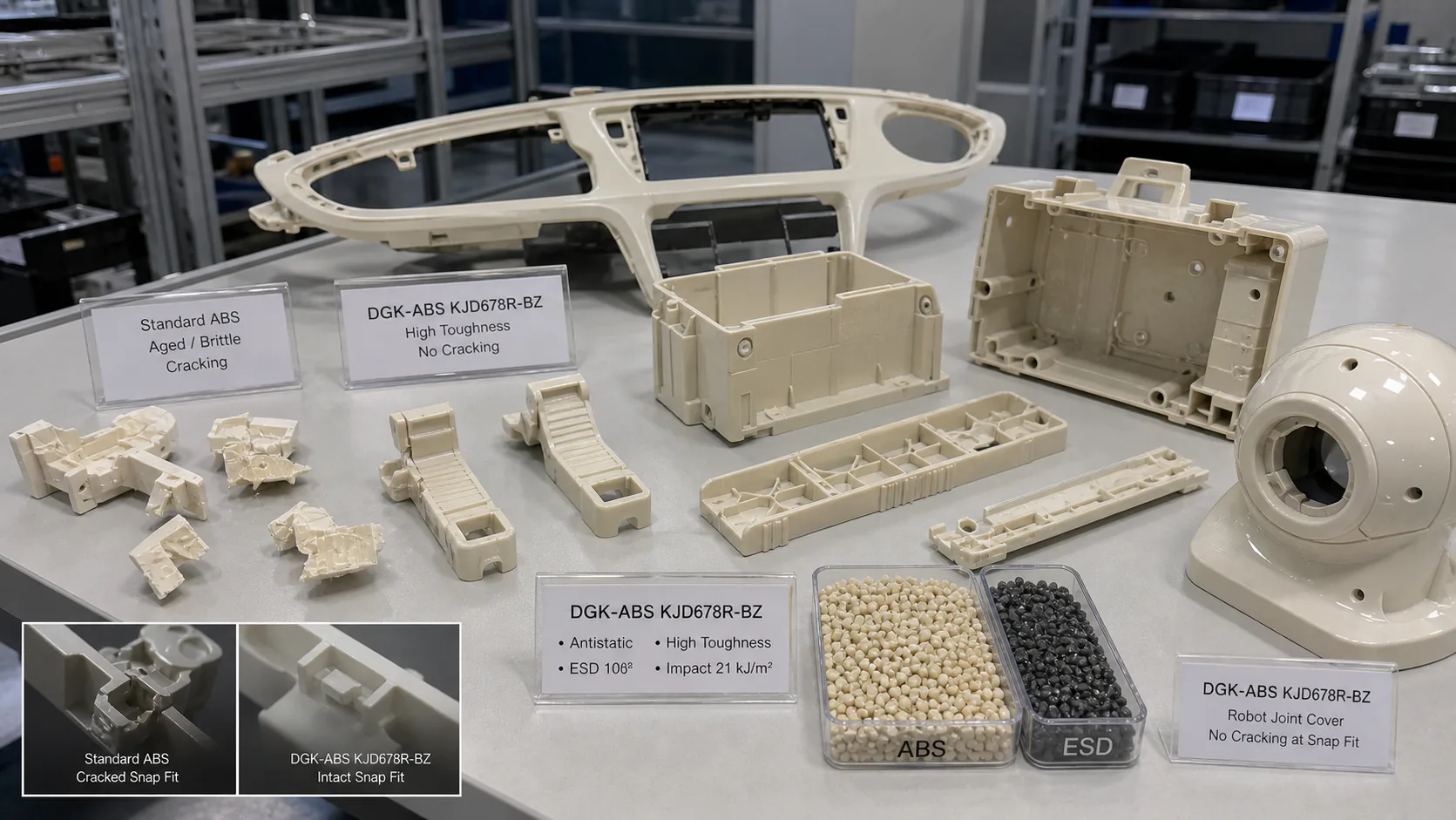 Natural-color antistatic ABS housings, cracked clips and intact DGK-ABS KJD678R-BZ molded parts on a factory QA bench