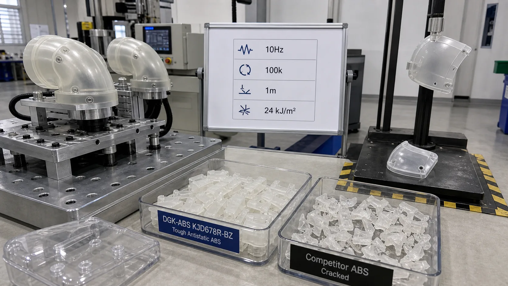Reliability validation scene for tough antistatic ABS snap-fits and robot joint covers.