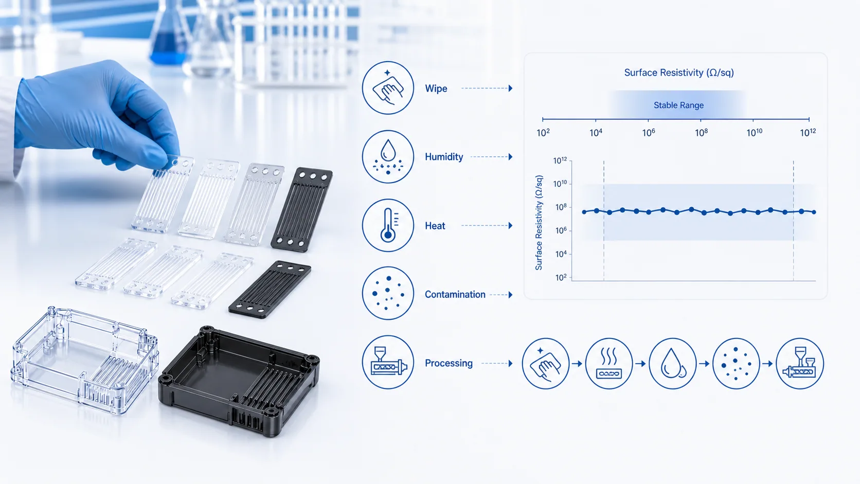 Blue white laboratory style illustration for long-term reliability of anti-static plastics