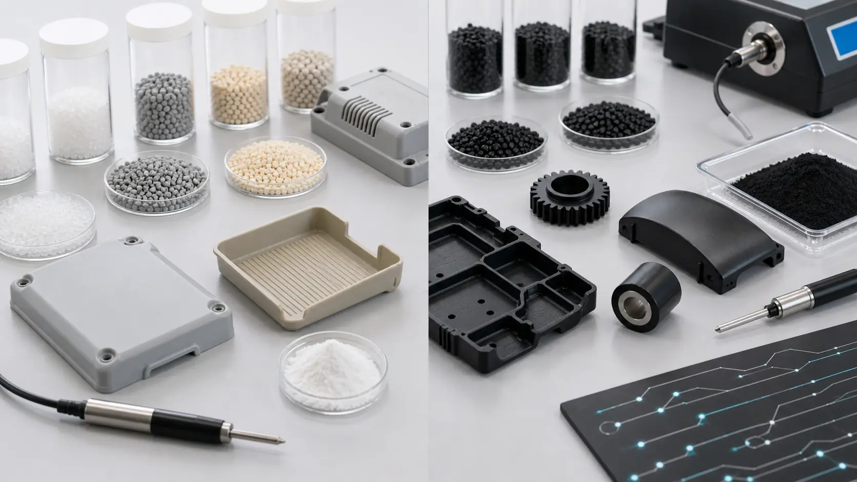 Laboratory comparison of antistatic light colored plastic samples and black conductive plastic compounds with ESD trays, molded parts and resistance probes