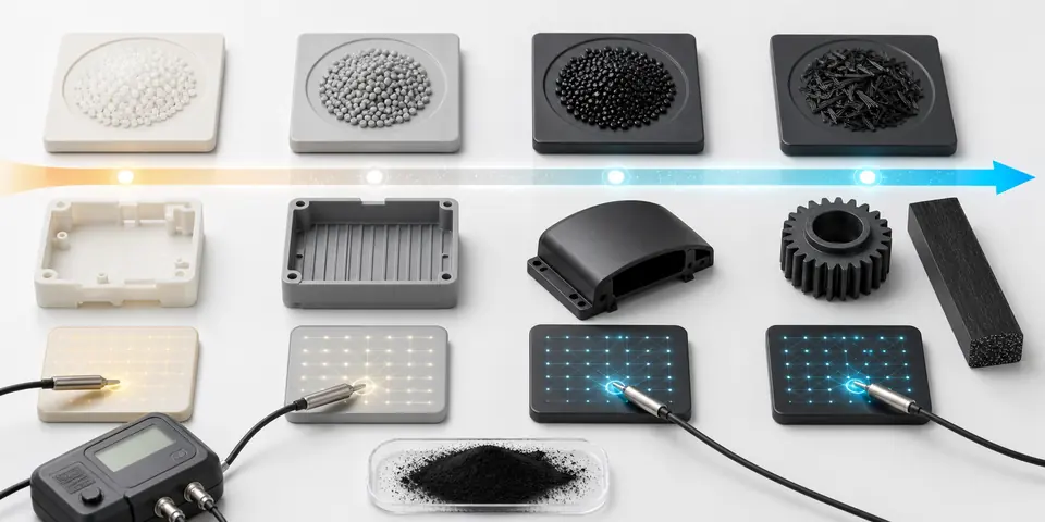 Antistatic, static dissipative and conductive plastic material selection levels with resistance testing, pellets and molded parts