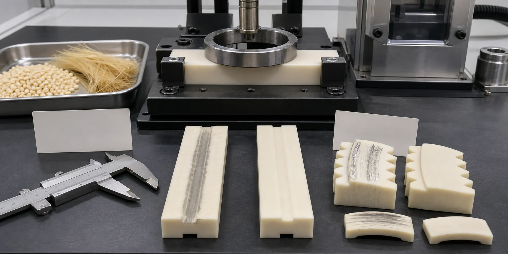 Aramid reinforced POM dry friction validation setup with worn and low-wear POM samples steel ring calipers pellets and aramid fibers