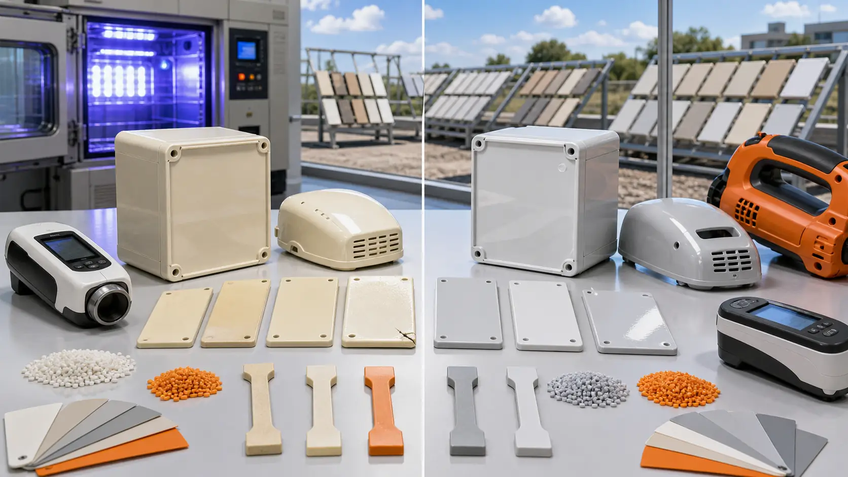 ASA and ABS UV aging comparison with weathered ABS samples, stable ASA outdoor housings, UV chamber, colorimeter, gloss meter and outdoor exposure test panels