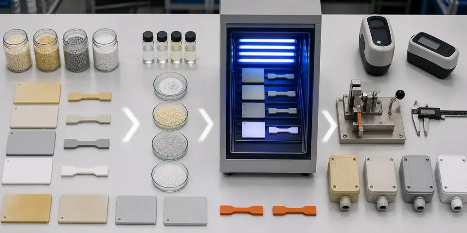 ASA versus ABS material selection workflow showing pellets, UV stabilizer package, UV aging chamber, color measurement, gloss testing, impact test bars and molded housings