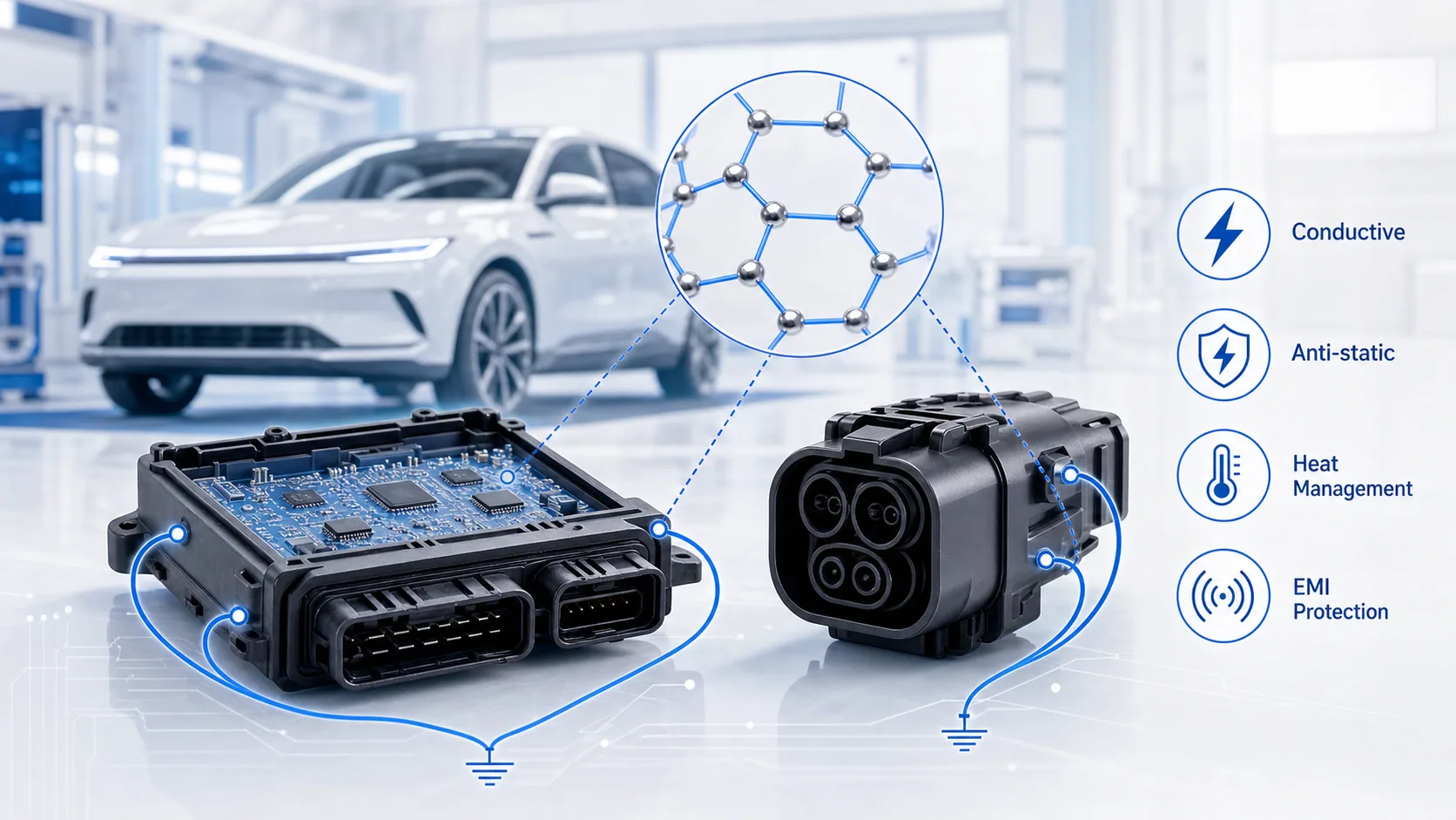 Blue white technical illustration for automotive conductive and anti-static plastic components