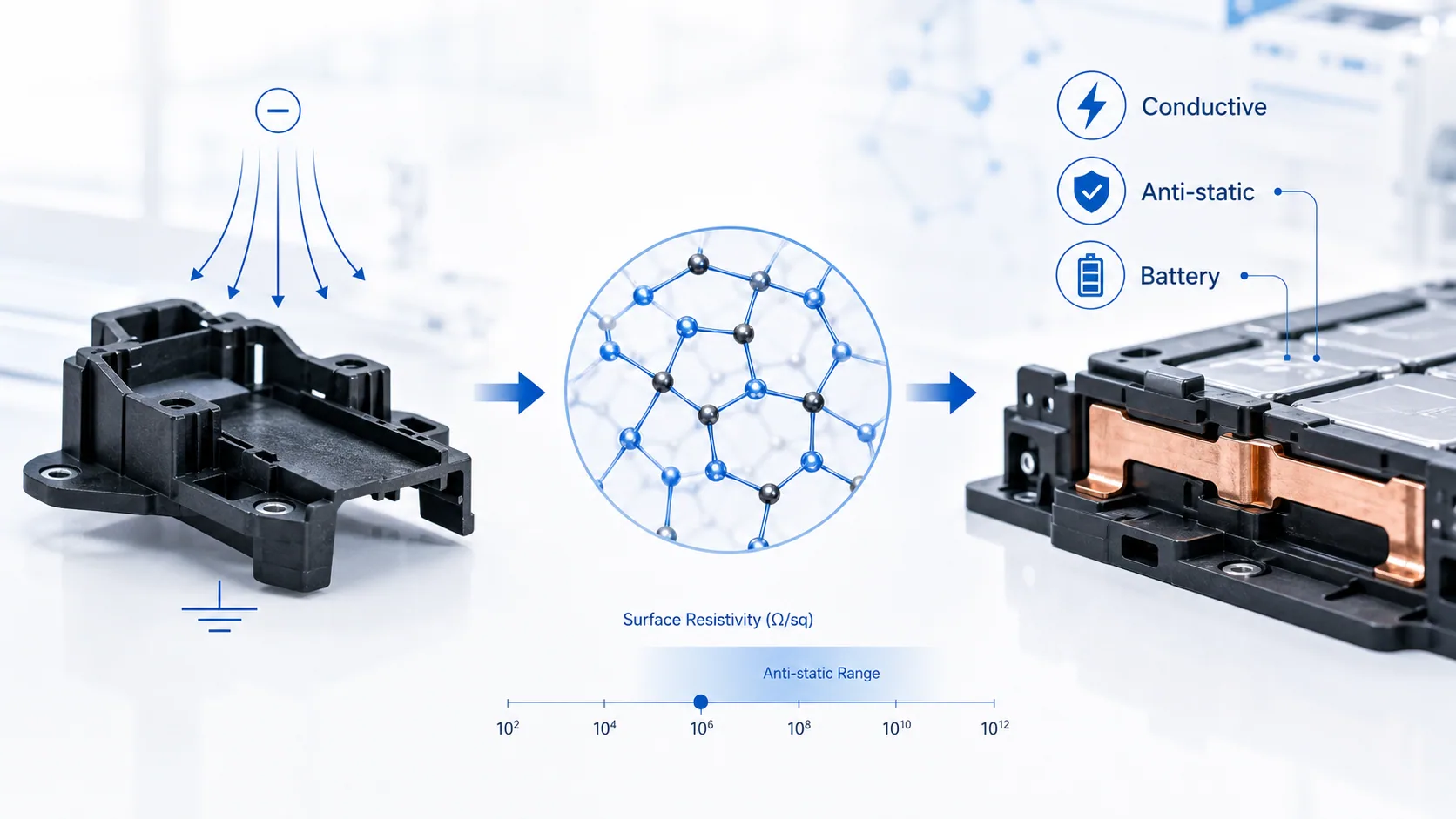 Blue white laboratory style illustration for conductive plastics in battery systems