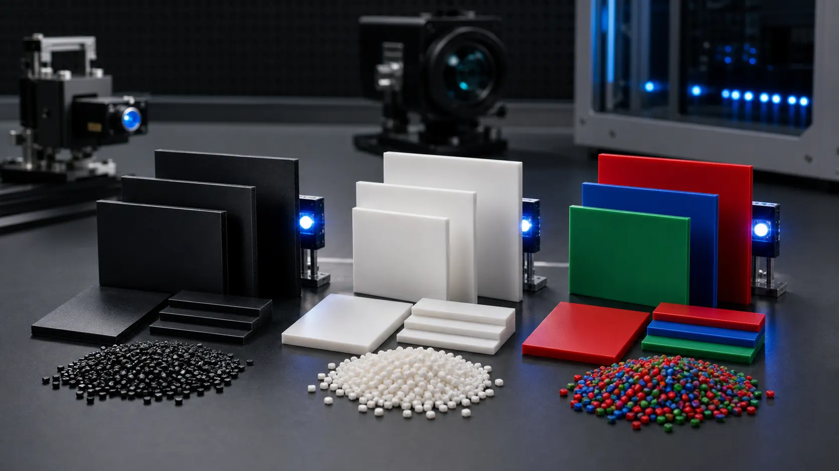 Black white and colored light-blocking plastic plaques pellets and LED backlight comparison in an optical test studio