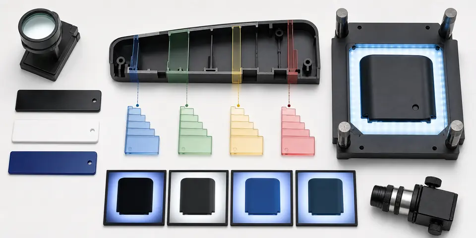 Light-blocking plastic validation bench with wall-thickness samples molded cover and LED leakage inspection fixture