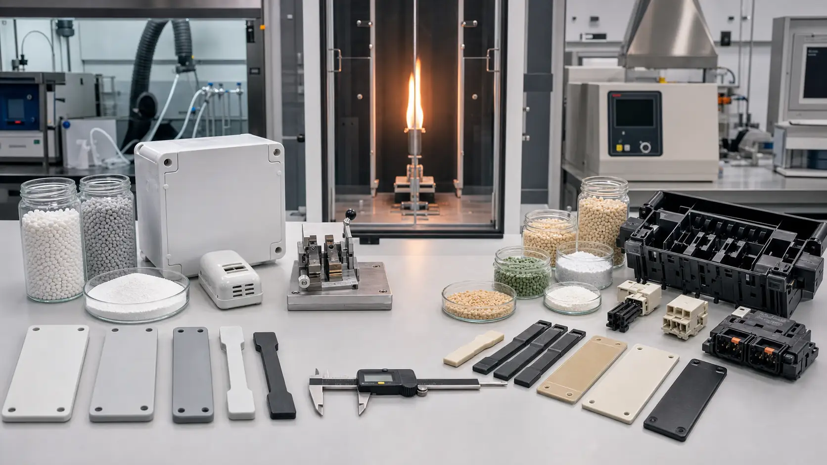 Flame-retardant plastic system comparison in a polymer lab with bromine-antimony and halogen-free additive routes, molded electrical housings, pellets, powders and controlled vertical flame testing