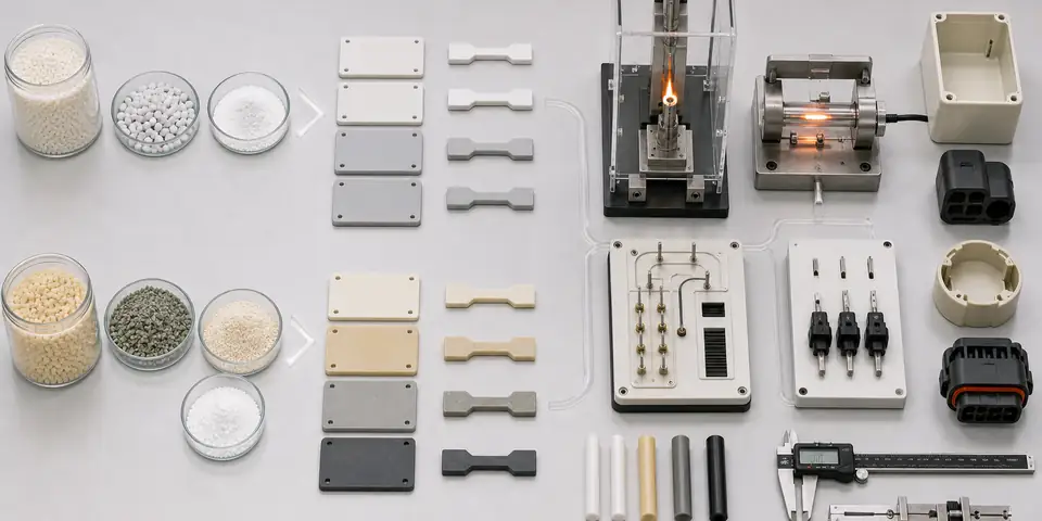 Flame-retardant plastic selection workflow with resin pellets, additive systems, test thickness plaques, molded parts, UL94-style test fixture, glow wire fixture and validation samples