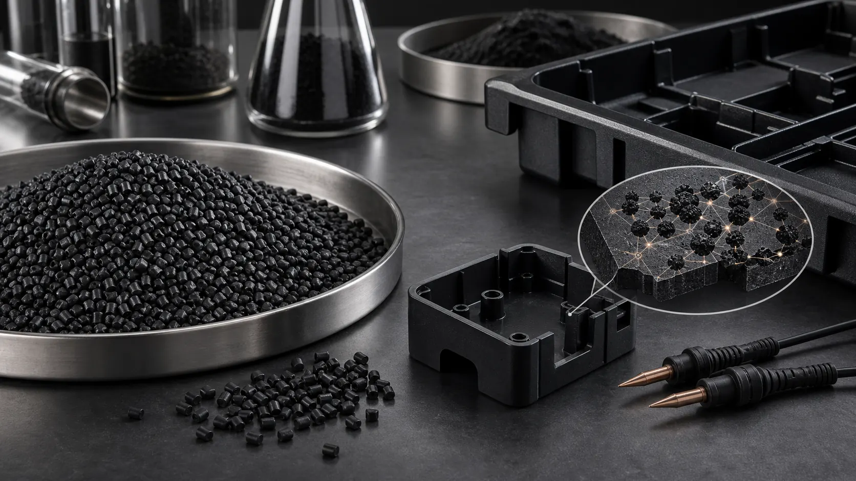 Carbon black conductive plastic pellets molded ESD tray and conductive network visualization in a materials lab
