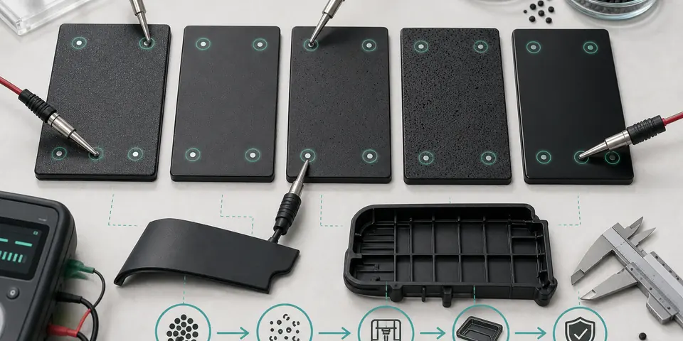 Carbon black conductive plastic validation with molded plaques resistance probes pellets and molded tray sample