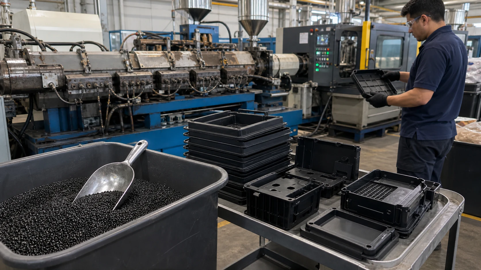 Real compounding workshop with black carbon-black-filled conductive plastic pellets, molded ESD trays and housings near an extrusion line