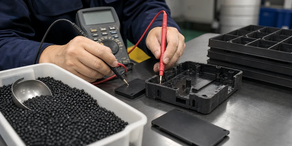 Carbon black conductive compound validation with black pellets, molded ESD tray and resistance meter probes in a factory QA station