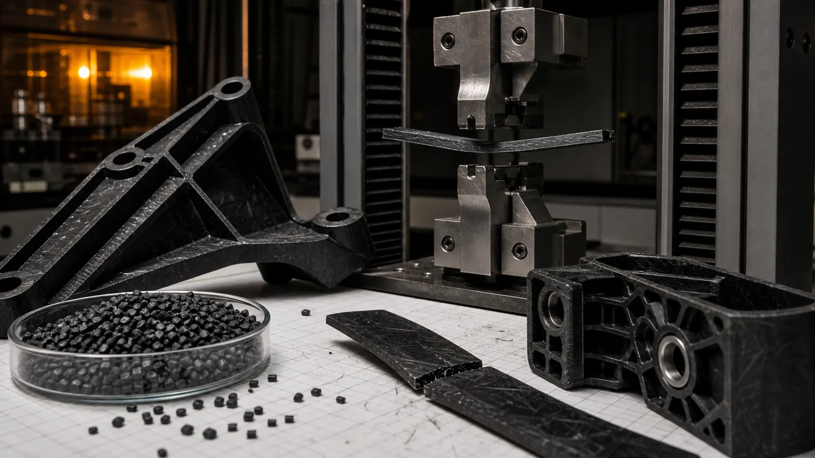 Carbon fiber conductive ABS and PA66 molded parts with warpage brittleness test specimens and flexural fixture