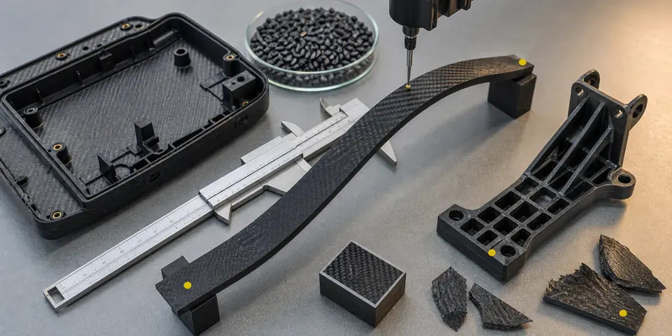 Carbon fiber conductive ABS and PA66 validation with fiber pellets caliper warped strip and impact fragments