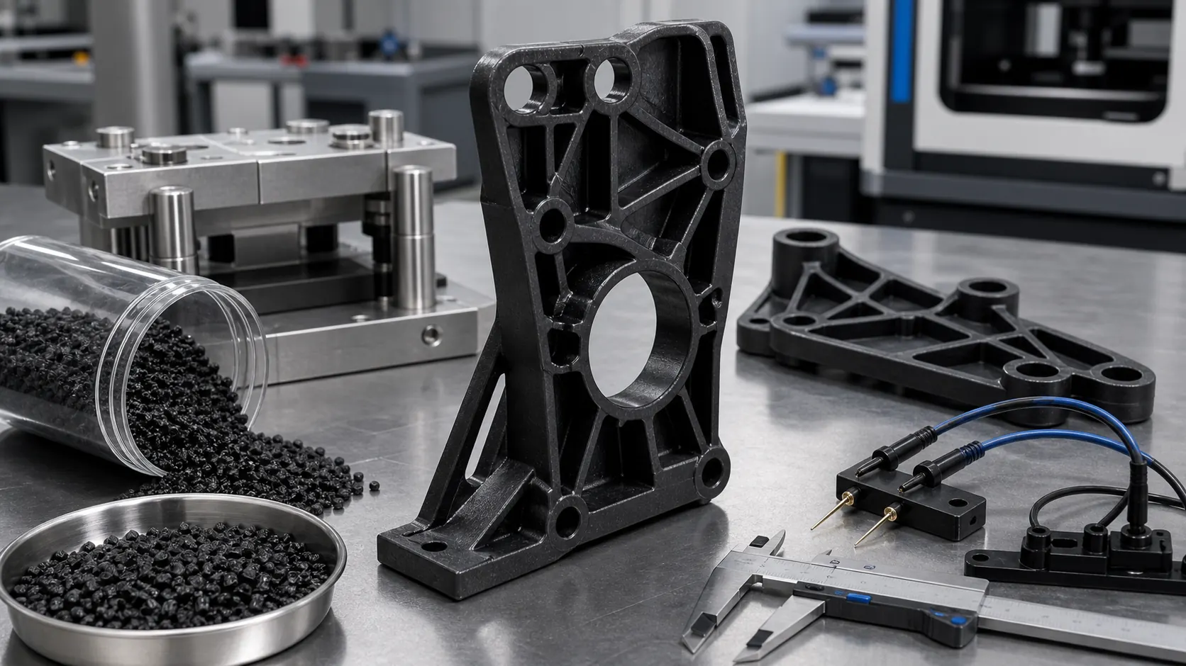 Carbon fiber conductive PA66 pellets ribbed structural brackets calipers and resistance probes in an engineering lab