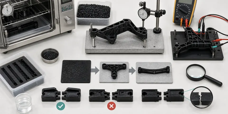 PA66 carbon fiber conductive bracket validation with conditioning flatness resistance and assembly cracking checks