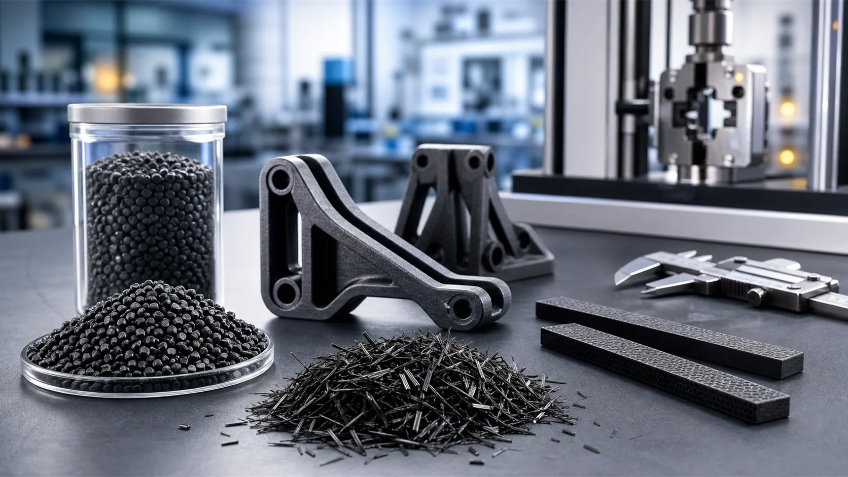 Carbon fiber reinforced plastic pellets, chopped carbon fiber and molded bracket samples in a materials testing laboratory