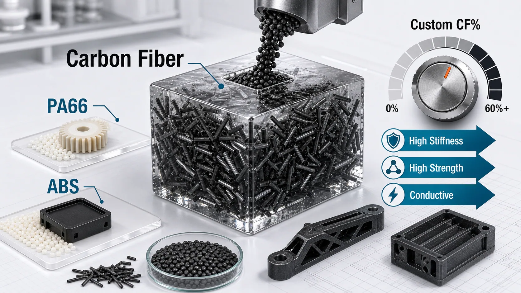 Carbon fiber reinforced plastic formulation cover showing custom carbon fiber content, PA66, ABS, high stiffness and conductive performance