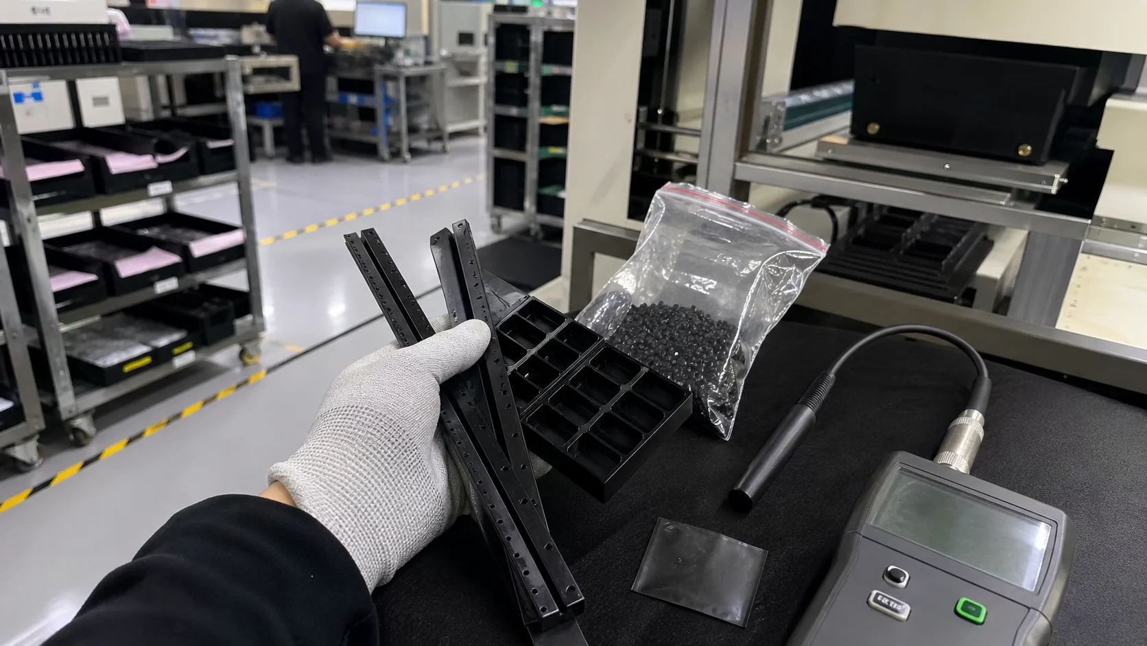CNT-modified conductive POM guide rails, trays, black pellets and ESD resistance testing in an electronics assembly workshop