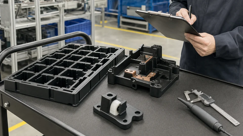 Application validation of conductive POM trays, battery module brackets and industrial guide bushings on an ESD-safe production cart