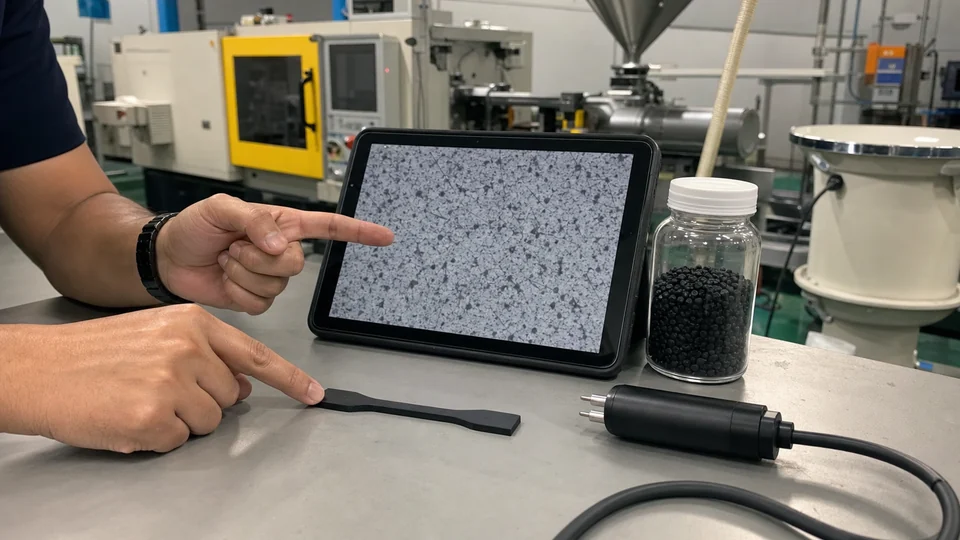 Engineer reviewing CNT dispersion and conductive POM test strips beside an injection molding trial area