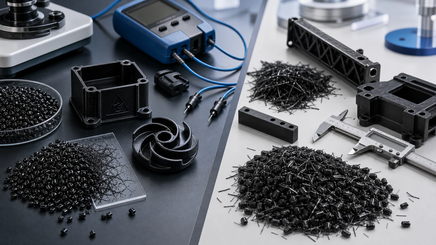 Carbon nanotube conductive plastic and carbon fiber reinforced conductive plastic comparison with pellets molded parts resistance probes and caliper