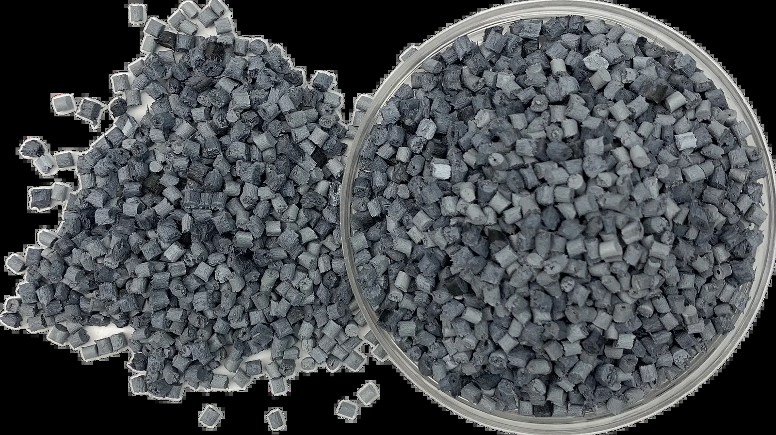 Real DGK-PA66 CF40L carbon fiber reinforced PA66 black pellets showing high carbon fiber content for structural conductive applications