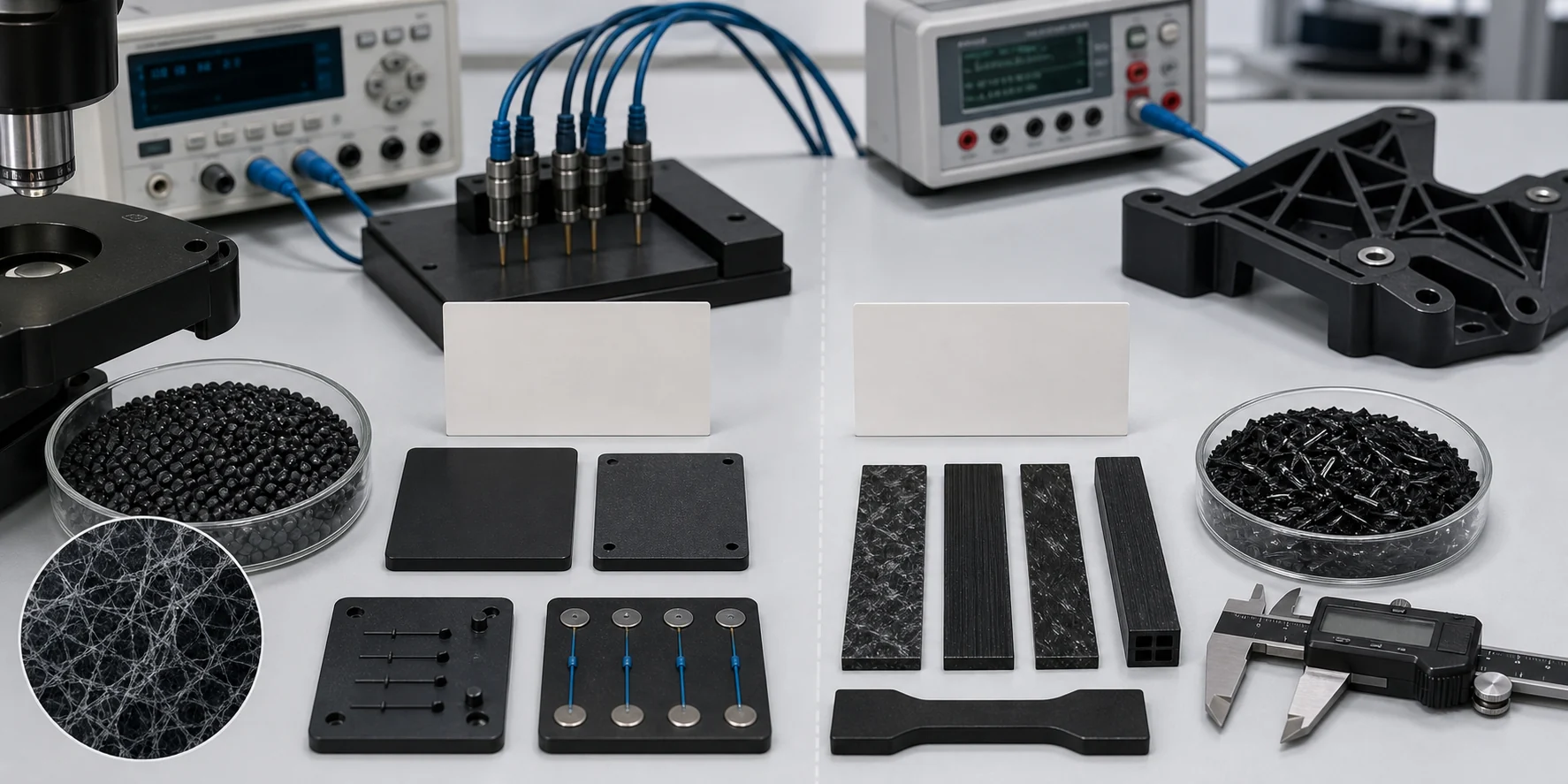 CNT conductive compound and carbon fiber conductive plastic validation bench with resistance testing plaques fiber orientation bars and molded samples