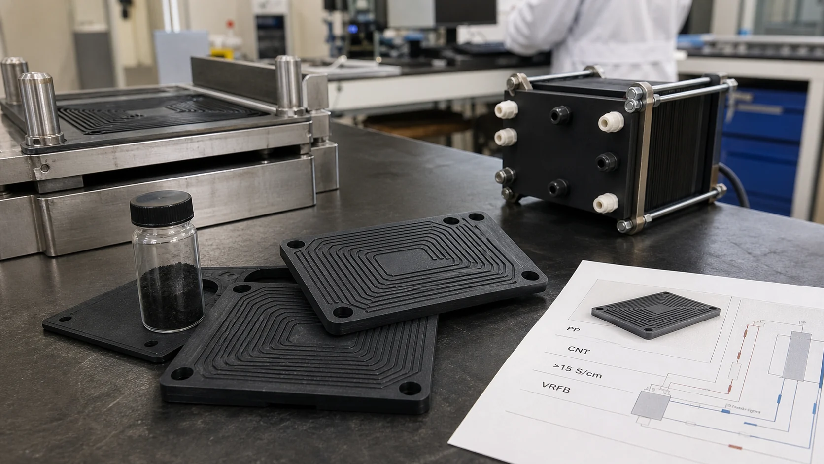 CNT composite PP molded bipolar plates, compression mold and flow battery stack prototype arranged in an R&D lab