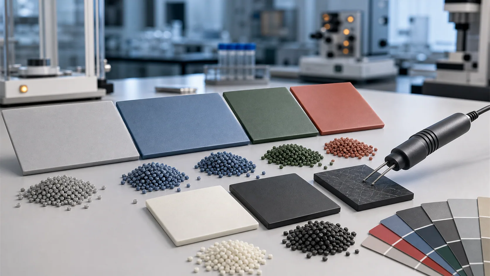 Colored conductive plastic composite samples with gray pellets and color-matched sheets