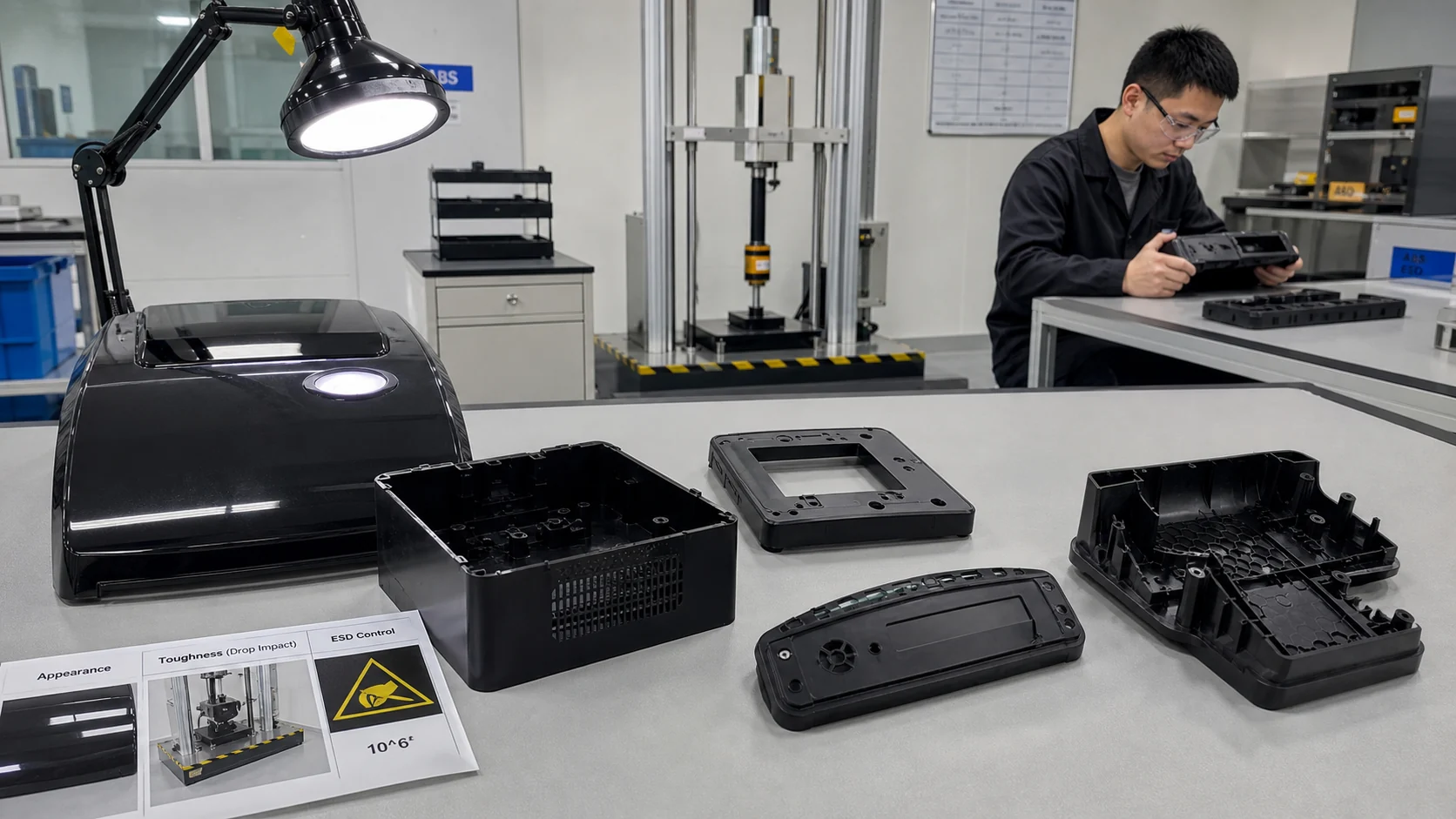 Conductive ABS equipment housings being inspected for surface quality, impact reliability and ESD suitability in a factory QA room