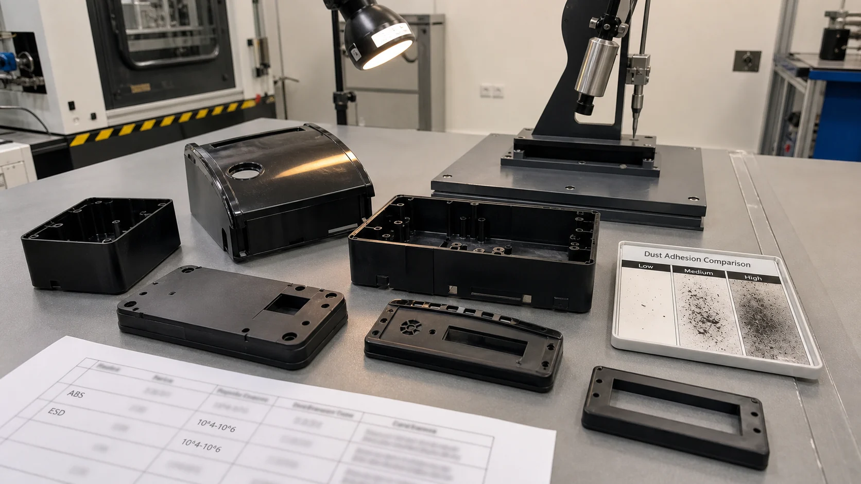 Conductive ABS housing validation bench with dust adhesion, impact and appearance checks.