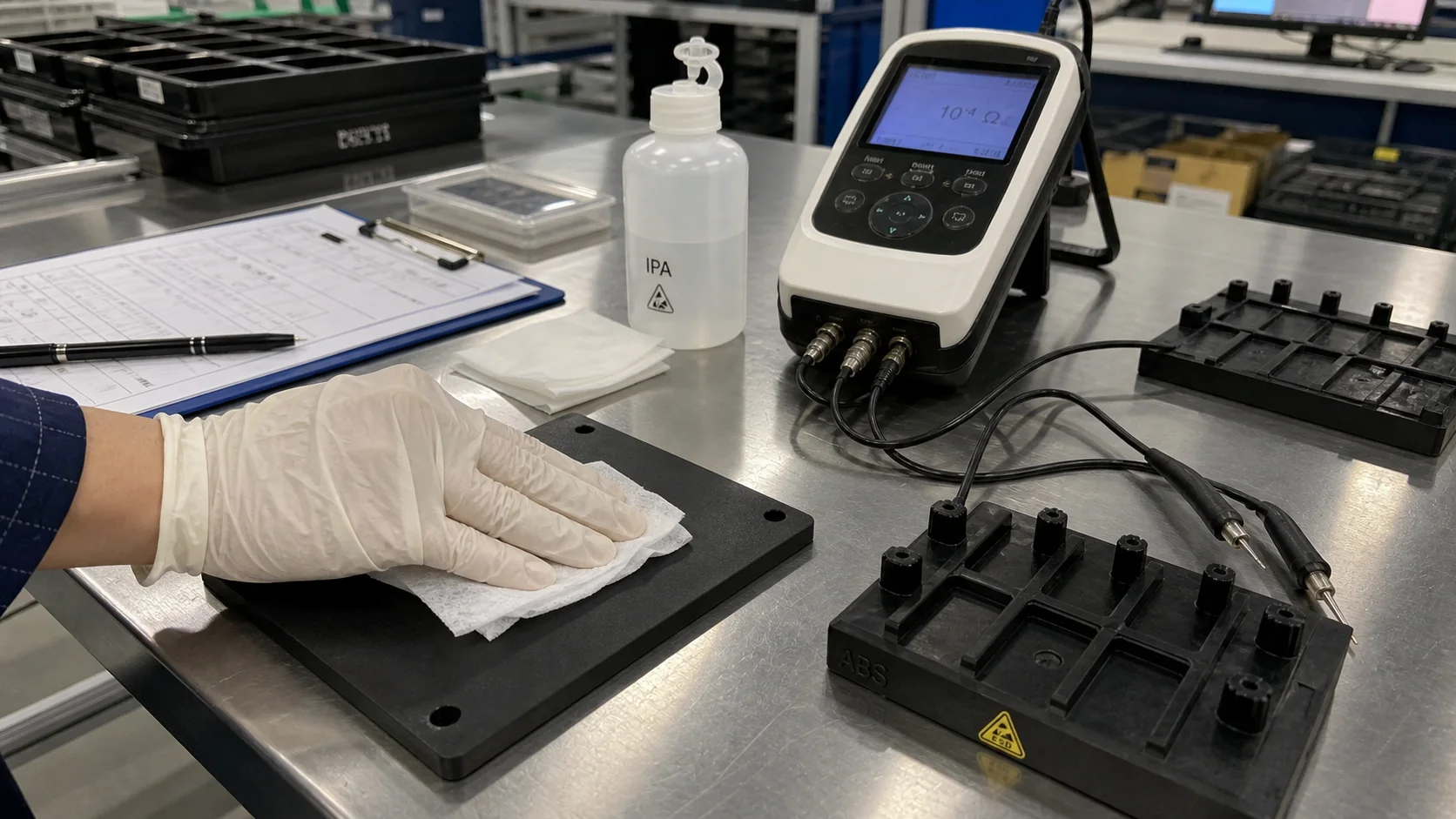 Phone-style QA bench photo showing conductive ABS being cleaned with IPA before surface resistance measurement.