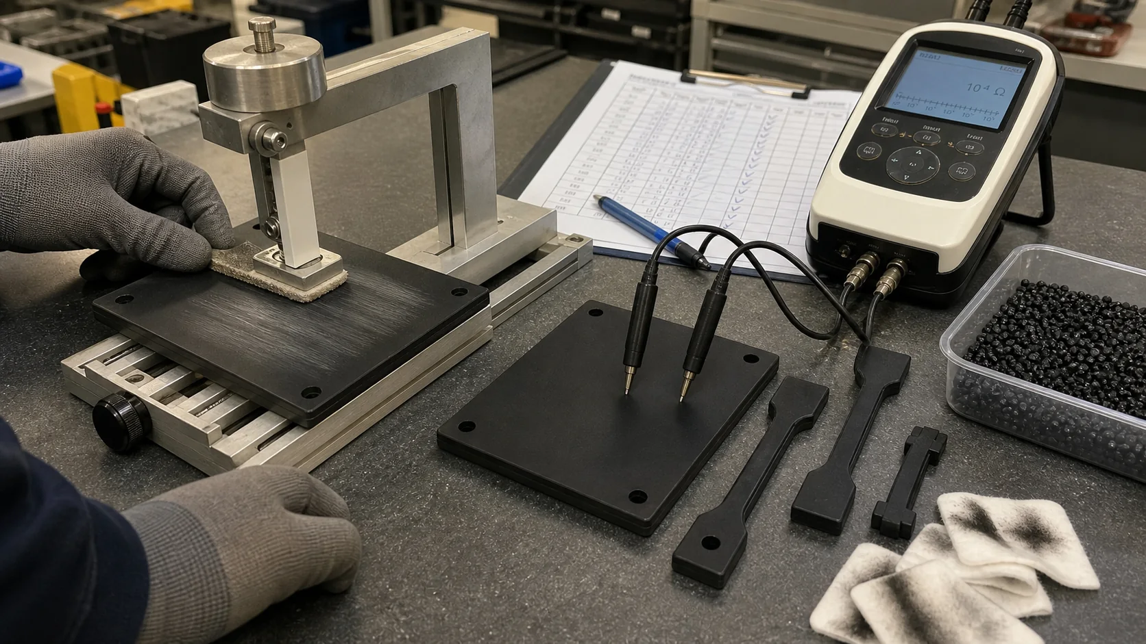 Abrasion-cycle validation scene for conductive ABS plaques before repeat surface resistance measurement.