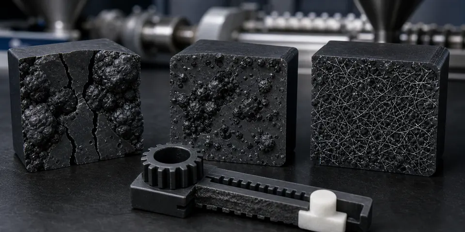 Conductive plastic formulation comparison showing overloaded filler agglomerates, poor dispersion and improved carbon nanotube conductive network for tougher POM parts